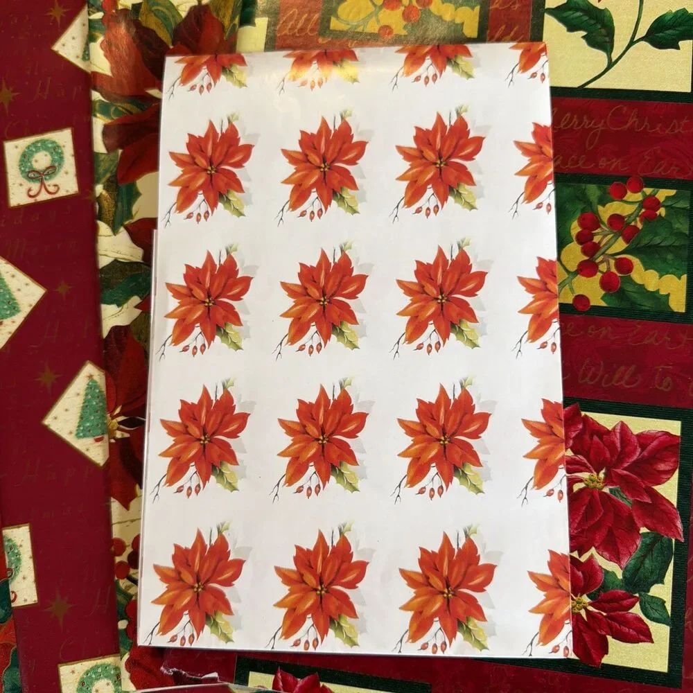 Lot of 5 Sheets Christmas Wrapping Paper Poinsettia Wreath Holiday Gift Wrap